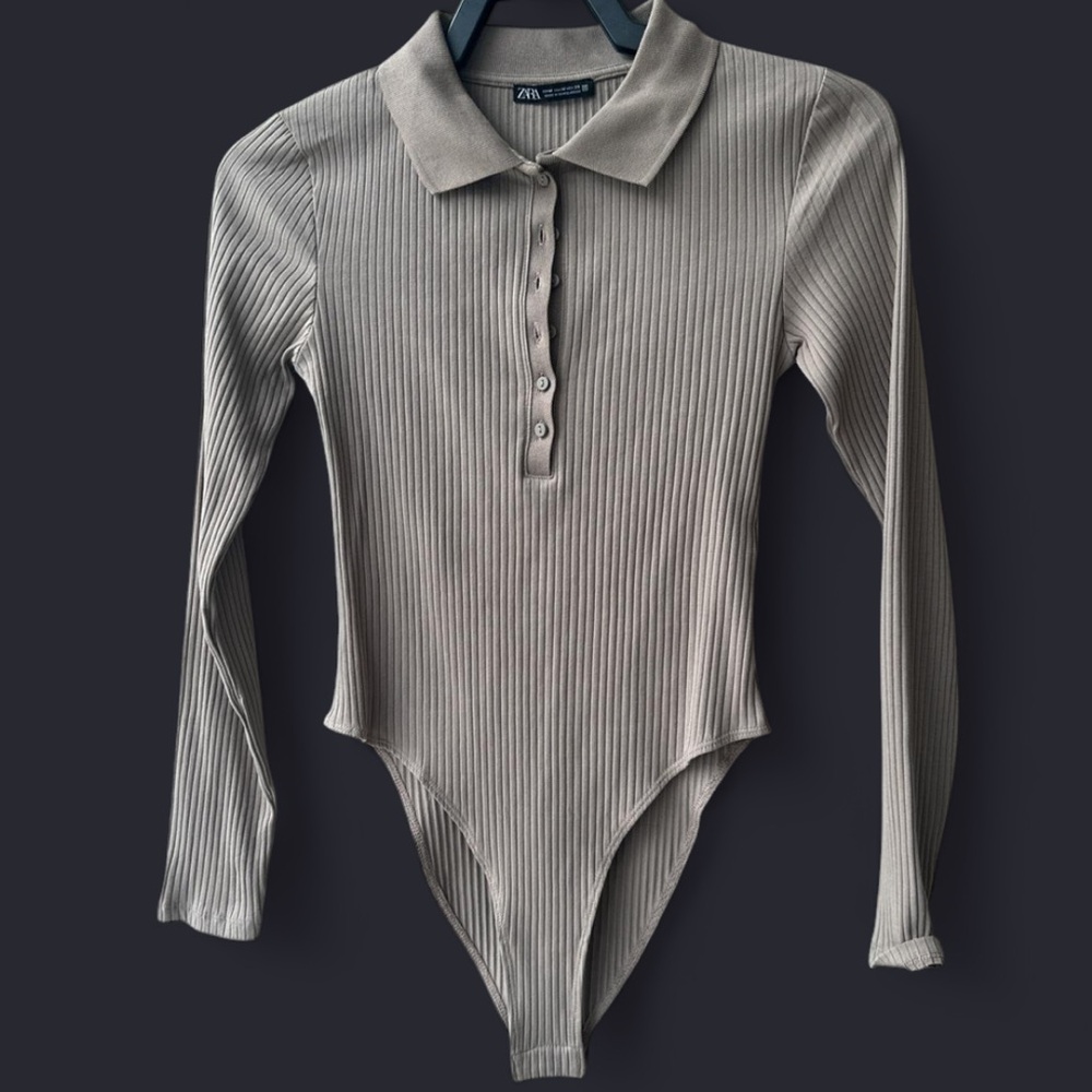 Zara Ribbed Long-Sleeve Polo Bodysuit in Taupe